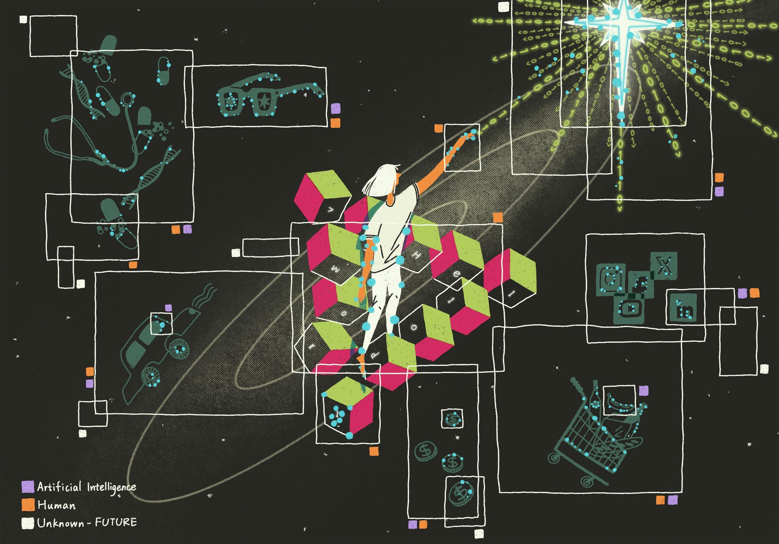 The painting shows a person standing on a staircase made of green and pink cubes, symbolising a Penrose staircase, in a cosmic environment. The person is reaching towards a glowing cross-shaped structure emitting binary code, representing AI's reach into the future. Surrounding the figure are outlined boxes showing various  elements, such as glasses, medical tools, a self-driving car, and financial symbols, interconnected by white lines. The background is dark with star-like dots and features colour-coded boxes which mark different elements as relating to AI, human involvement, a combination of both, or an area uncharted by AI and humans.