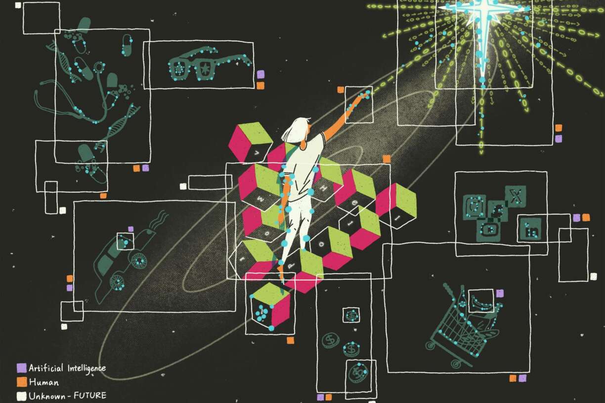 The painting shows a person standing on a staircase made of green and pink cubes, symbolising a Penrose staircase, in a cosmic environment. The person is reaching towards a glowing cross-shaped structure emitting binary code, representing AI's reach into the future. Surrounding the figure are outlined boxes showing various  elements, such as glasses, medical tools, a self-driving car, and financial symbols, interconnected by white lines. The background is dark with star-like dots and features colour-coded boxes which mark different elements as relating to AI, human involvement, a combination of both, or an area uncharted by AI and humans.